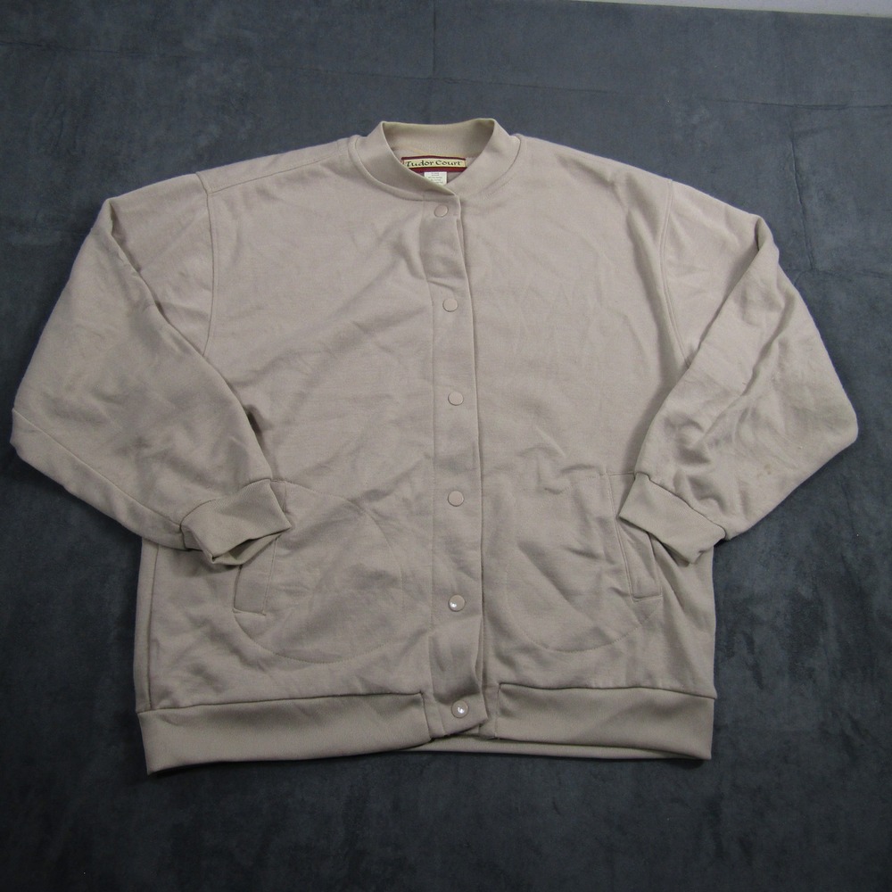 Tudor Court Snap Front Sweatshirt Women Large Tan Ribbed Trim Pockets D72